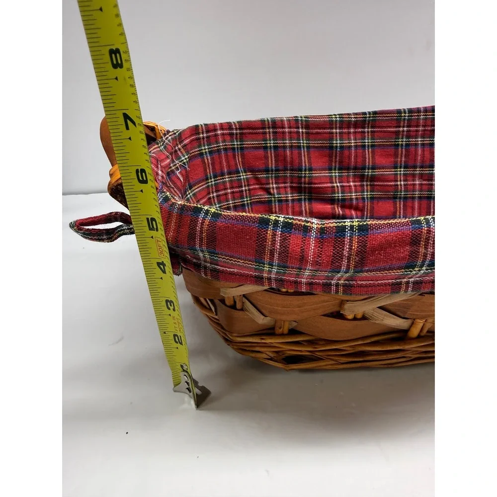 Vintage Wicker Bread Basket with Red Tartan Plaid Liner and Wooden Handles